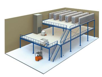 Sistemas azules/anaranjados de 3 de los niveles pisos de entresuelo industriales, de la plataforma del almacenamiento
